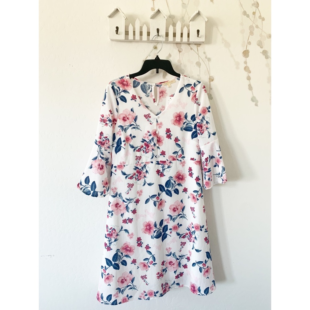 Mimi + Daphne Floral Bell Sleeve Dress